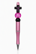 Jesus cross beaded pen with metallic pink body, hot pink crystal bead, matte black bead, and black cross charm with pink Jesus script
