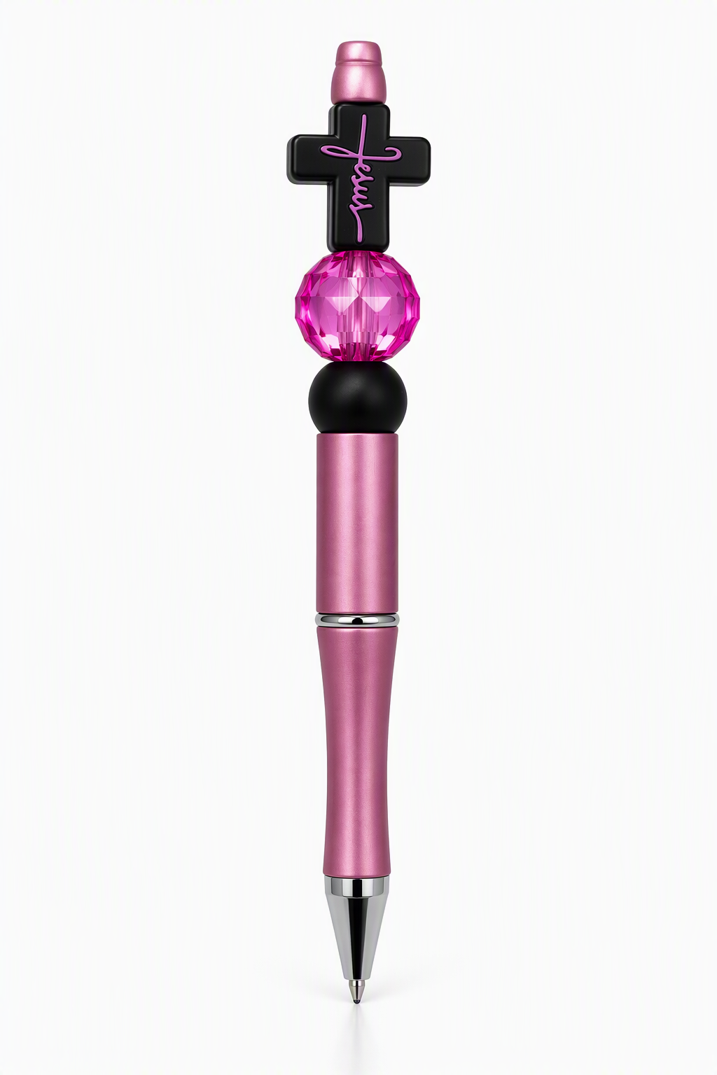 Jesus cross beaded pen with metallic pink body, hot pink crystal bead, matte black bead, and black cross charm with pink Jesus script