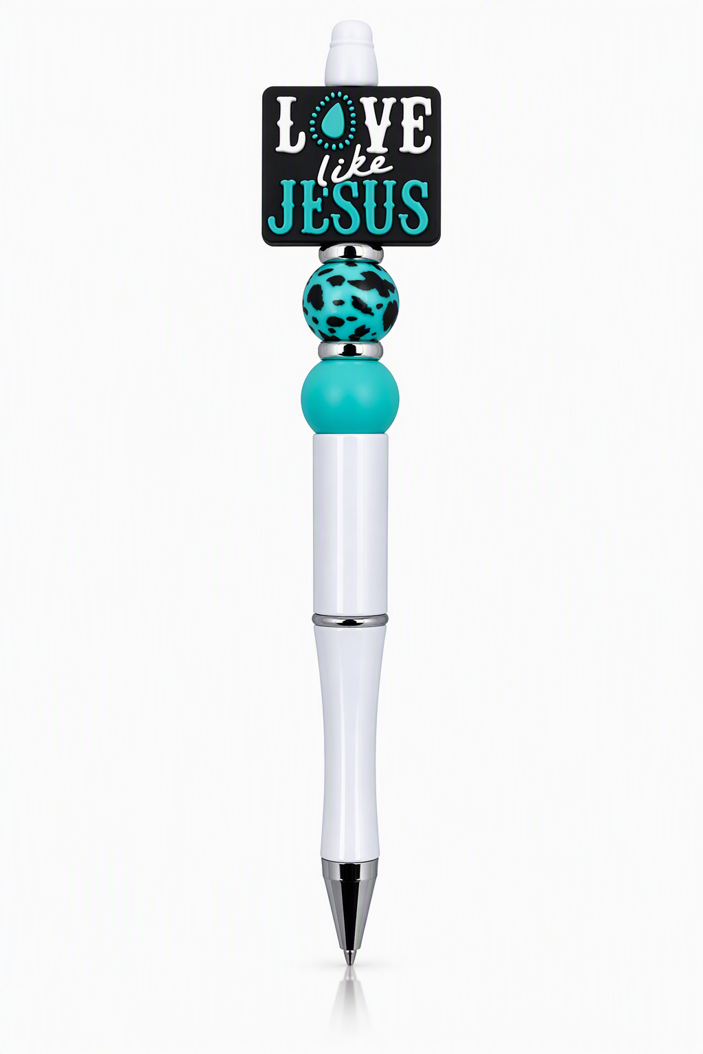 Love Like Jesus beaded pen with white body, teal silicone bead, teal leopard print bead, silver spacer, and black square charm
