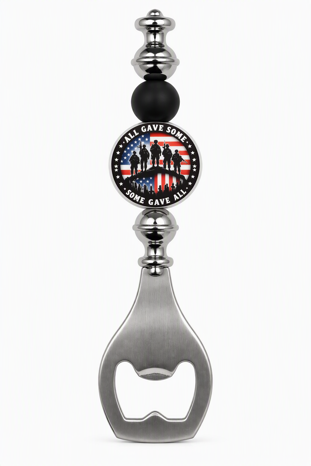All Gave Some Some Gave All patriotic beaded bottle opener with silver body, black bead, and American flag soldier medallion