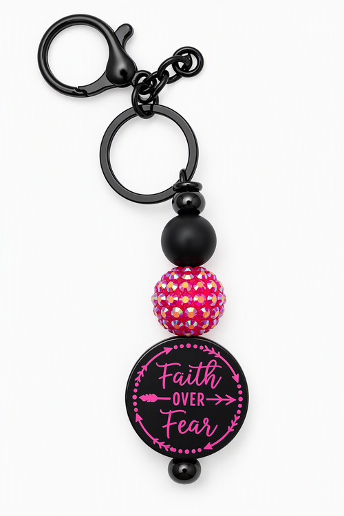 Faith Over Fear beaded keychain with matte black hardware, hot pink rhinestone bead, and black Faith Over Fear charm
