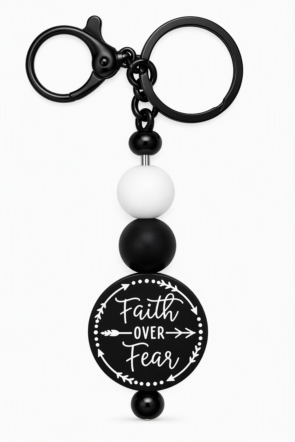 Faith Over Fear beaded keychain in black and white with matte black hardware and black circular Faith Over Fear charm