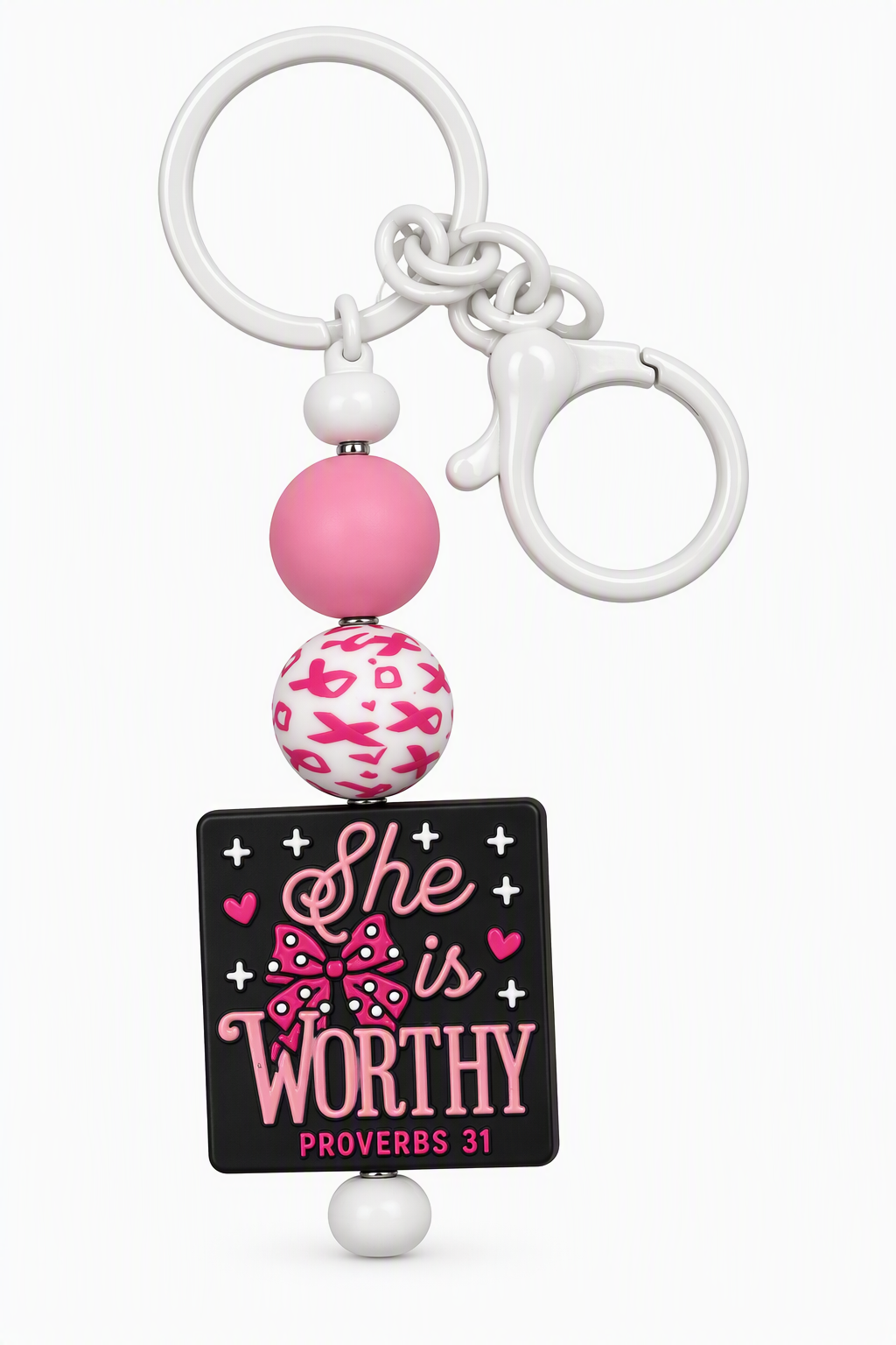 She Is Worthy Proverbs 31 beaded keychain with white hardware, pink bead, ribbon print bead, and black square Proverbs 31 charm