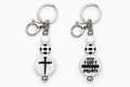 Black-and-white beaded keychains showcasing a cross design and the message With God All Things Are Possible, with silver-tone key rings and lobster clasps.