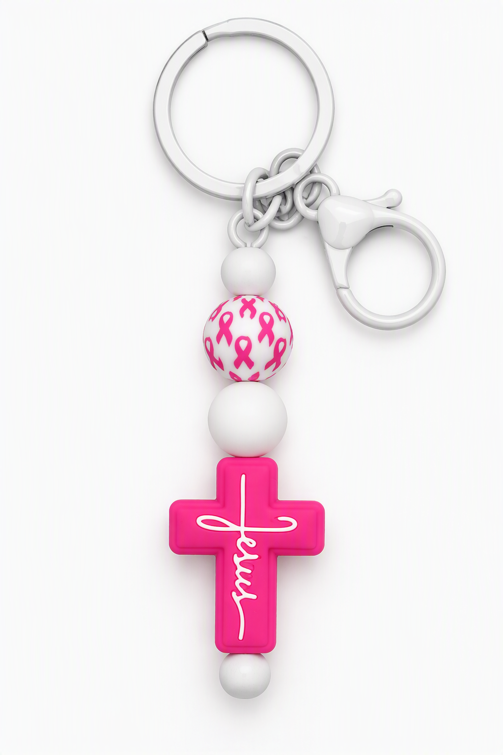 Pink Jesus cross keychain with white beads, pink ribbon-patterned bead, silver-tone key ring and lobster clasp
