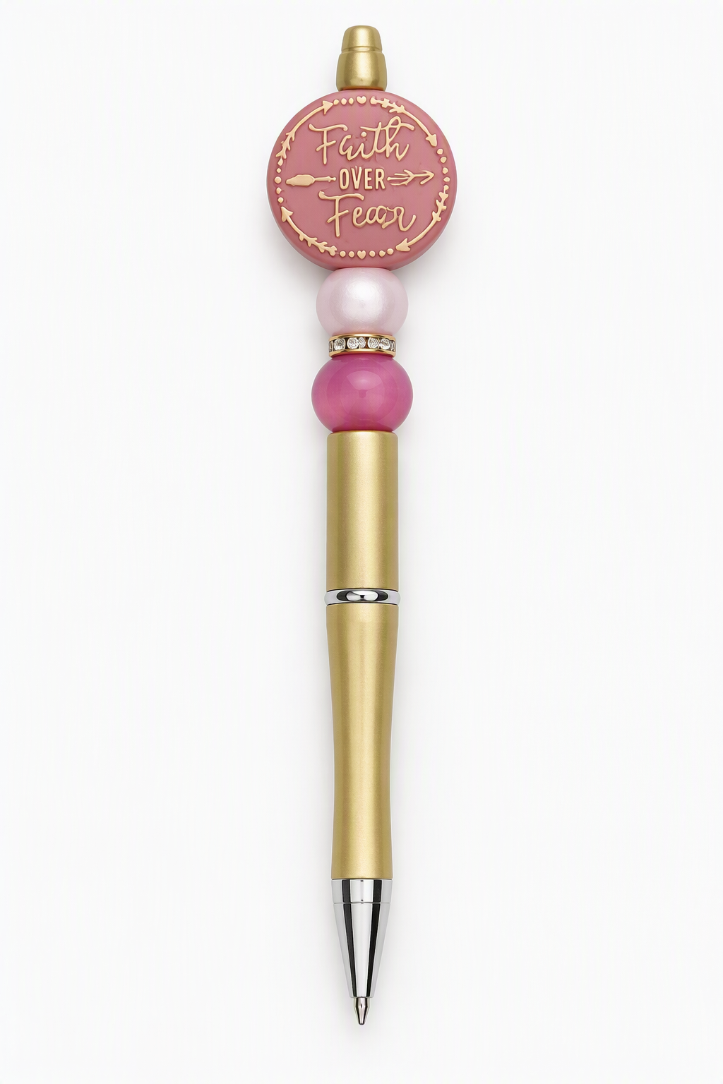 Gold-tone pen with pink beads, sparkling spacer, and round pink Faith Over Fear topper