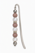 Curved silver-tone bookmark with dangling taupe and pearl-white beads, silver-tone accents, and sparkling spacers