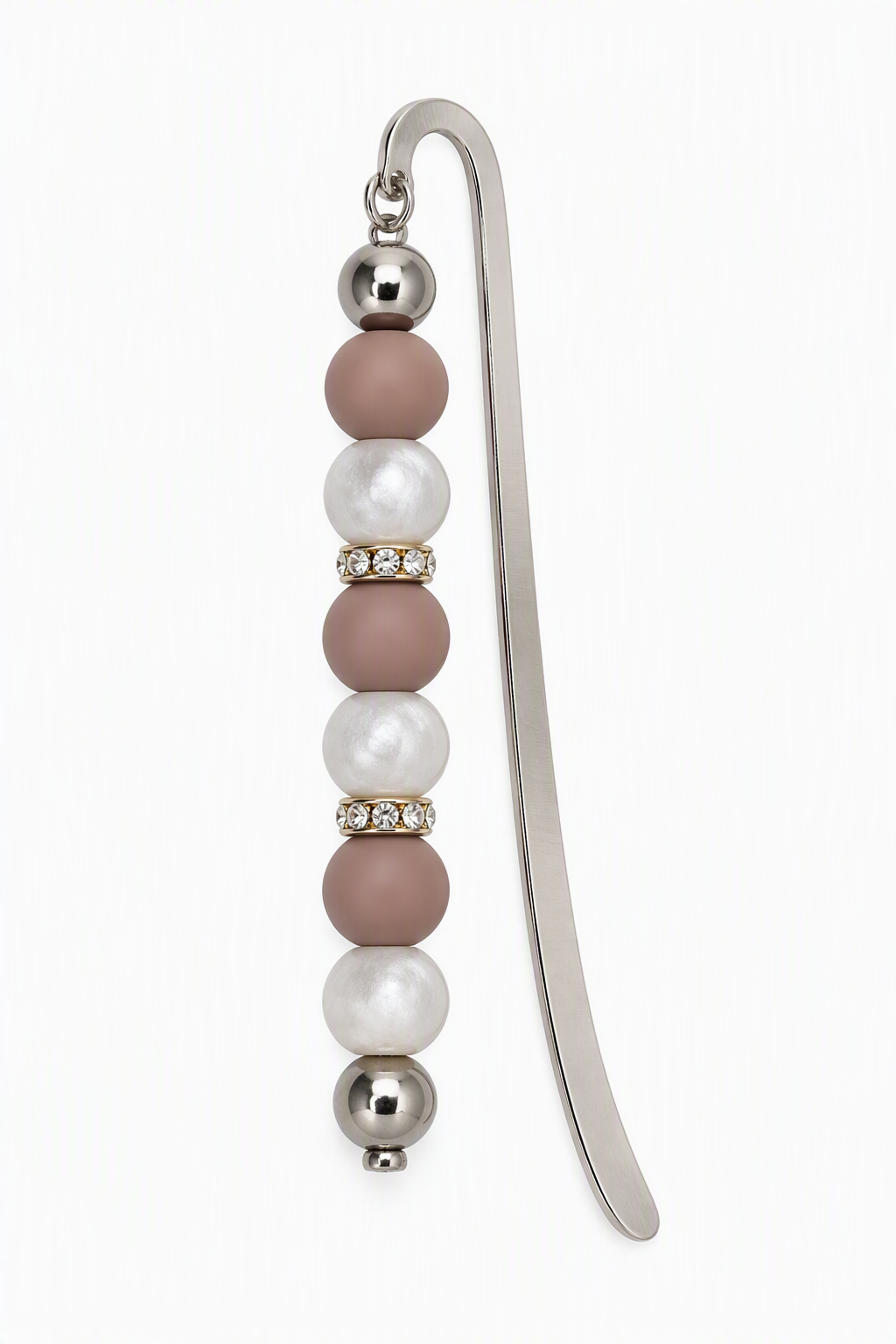 Curved silver-tone bookmark with dangling taupe and pearl-white beads, silver-tone accents, and sparkling spacers